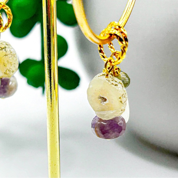 NWOT Genuine multi crystals and lava rock hoops 50mm stainless S 18K Gold Plated - Picture 2 of 9